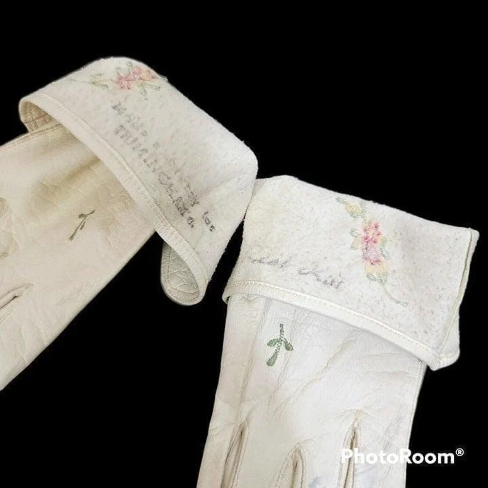 Vintage 50s Triminghams Bermuda Real Kid Leather Gloves Floral Embroidered Ivory